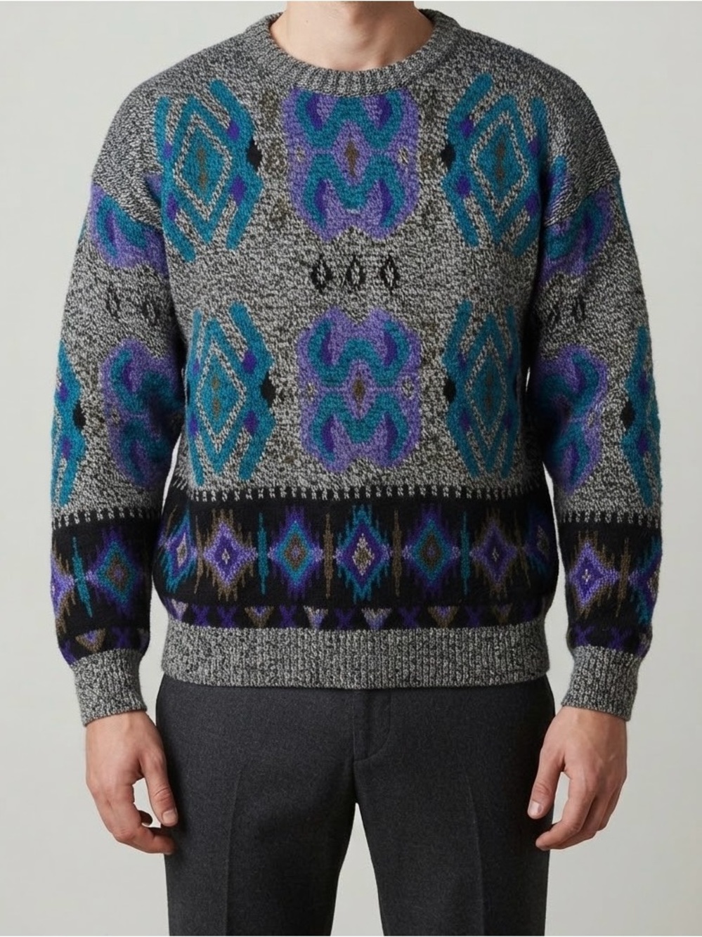 Pronto Uomo Gray Crewneck Sweater with Teal and Purple Pattern